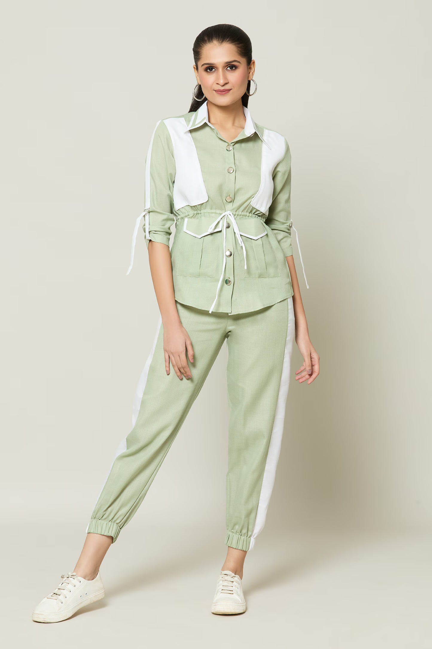 Green Cotton Collared Contrast Pannel Shirt With Pant