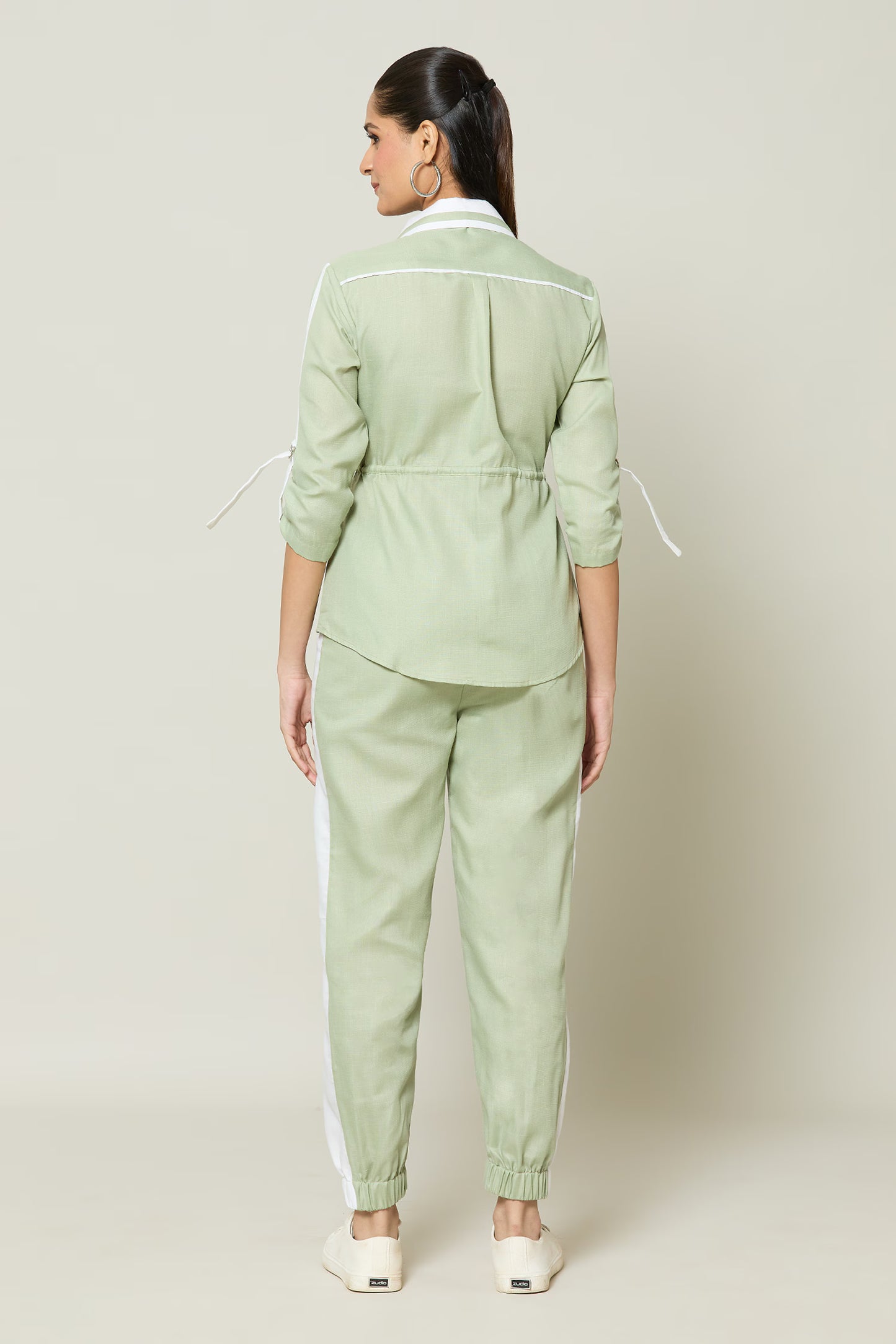 Green Cotton Collared Contrast Pannel Shirt With Pant