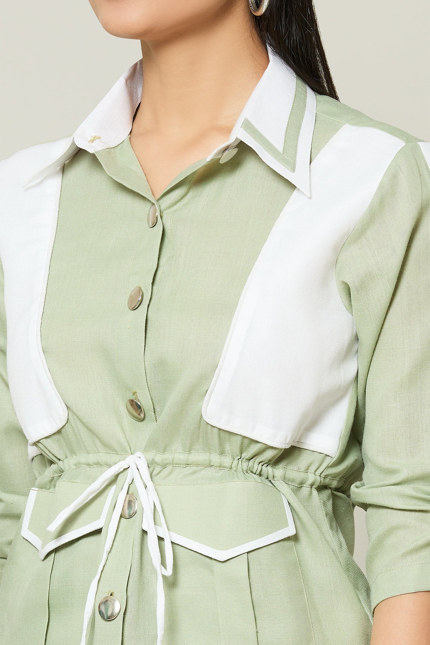 Green Cotton Collared Contrast Pannel Shirt With Pant