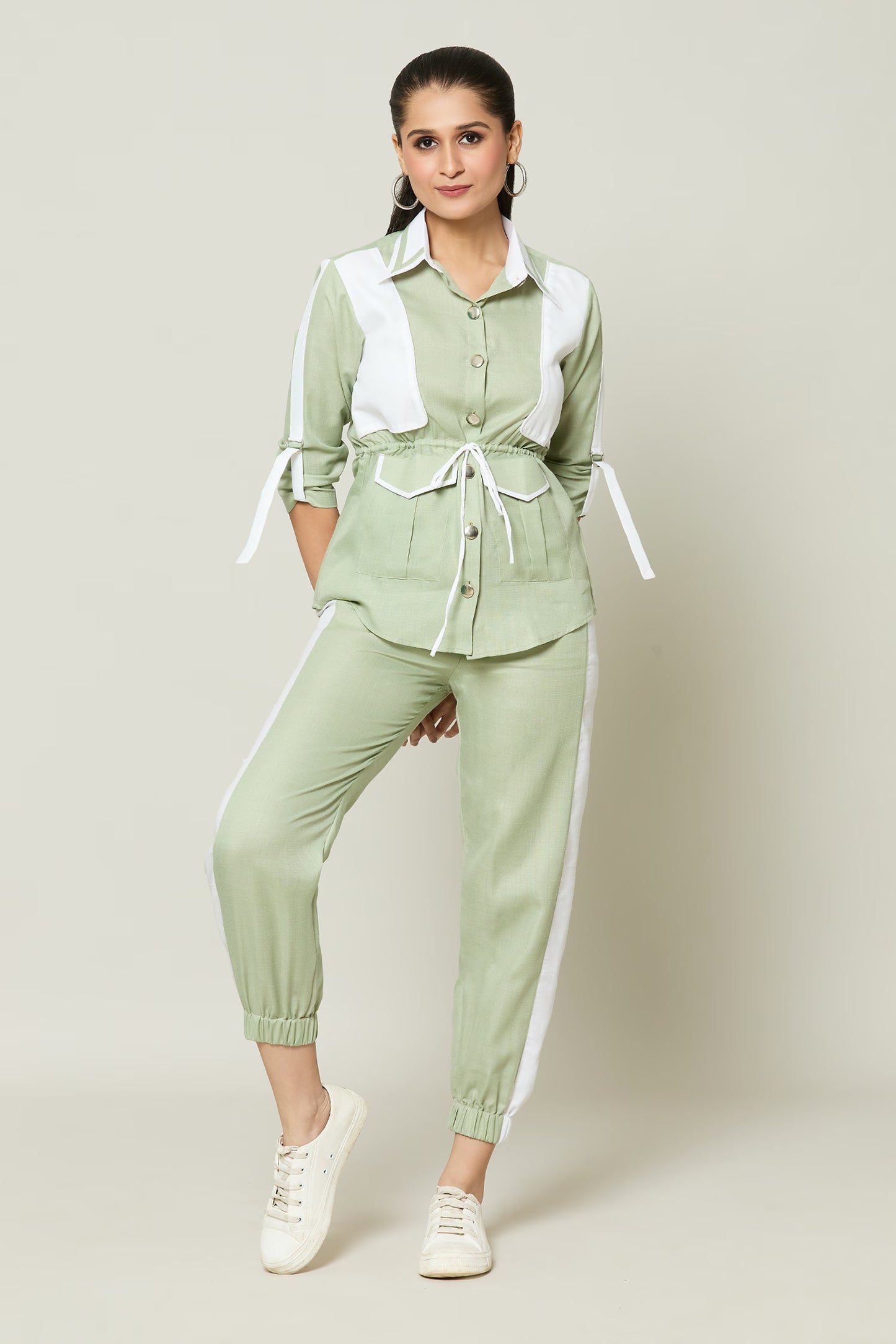 Green Cotton Collared Contrast Pannel Shirt With Pant