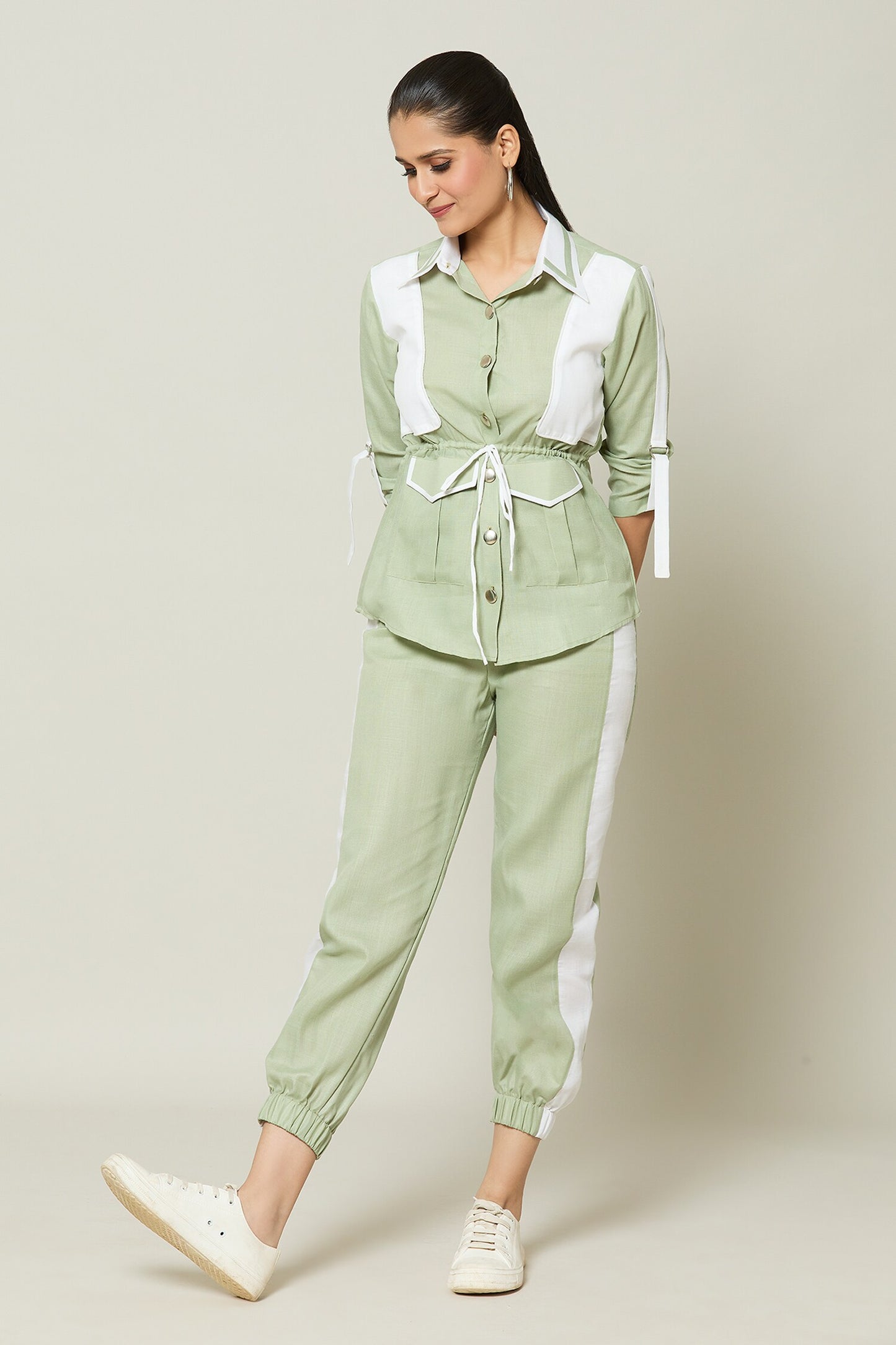 Green Cotton Collared Contrast Pannel Shirt With Pant
