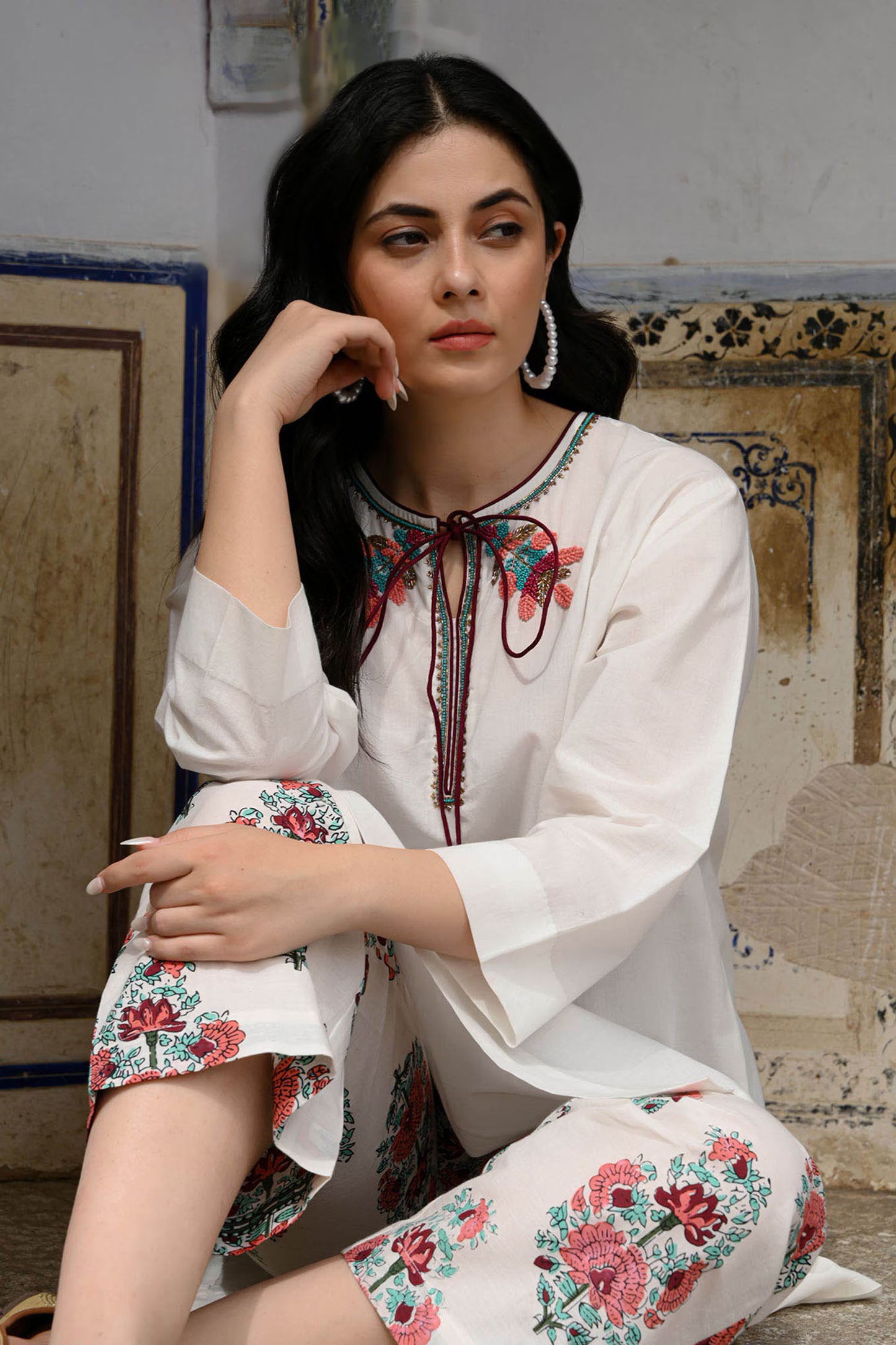White Cotton Beads, Cut Work, Embroidery Keyhole Neck Kurta And Pant Set