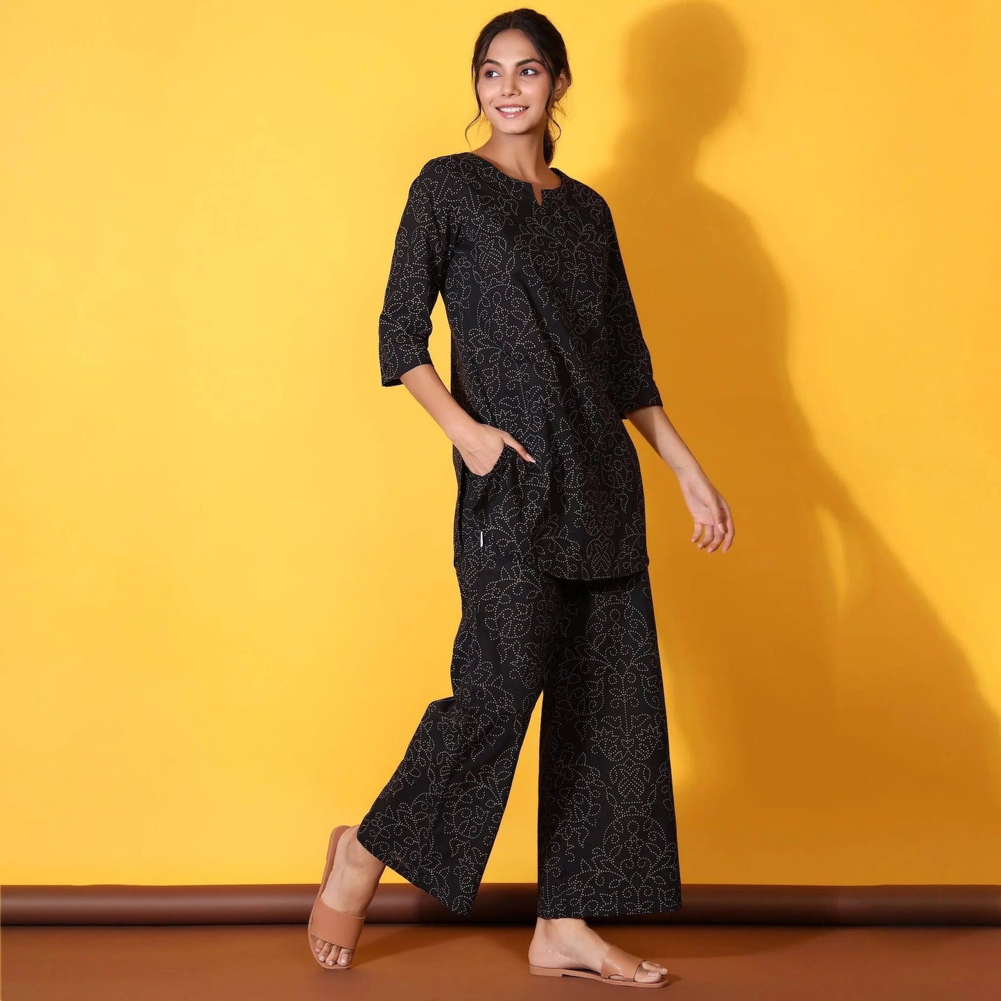 Floral Bandhani Motifs on Black Cotton Loungewear Top Set