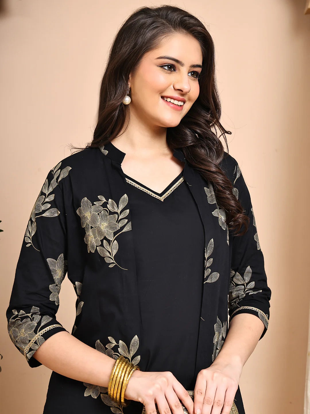 Black Colour Floral Printed Cotton Dress For Women