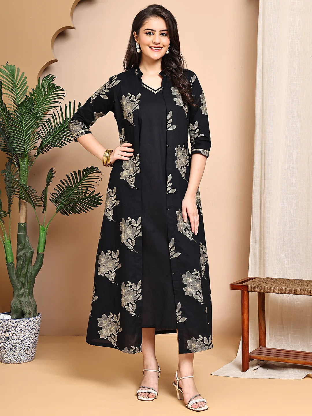Black Colour Floral Printed Cotton Dress For Women