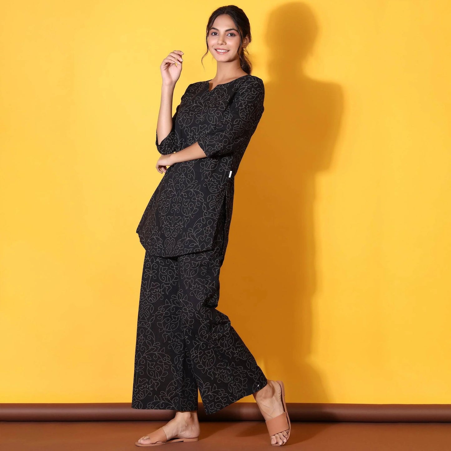 Floral Bandhani Motifs on Black Cotton Loungewear Top Set