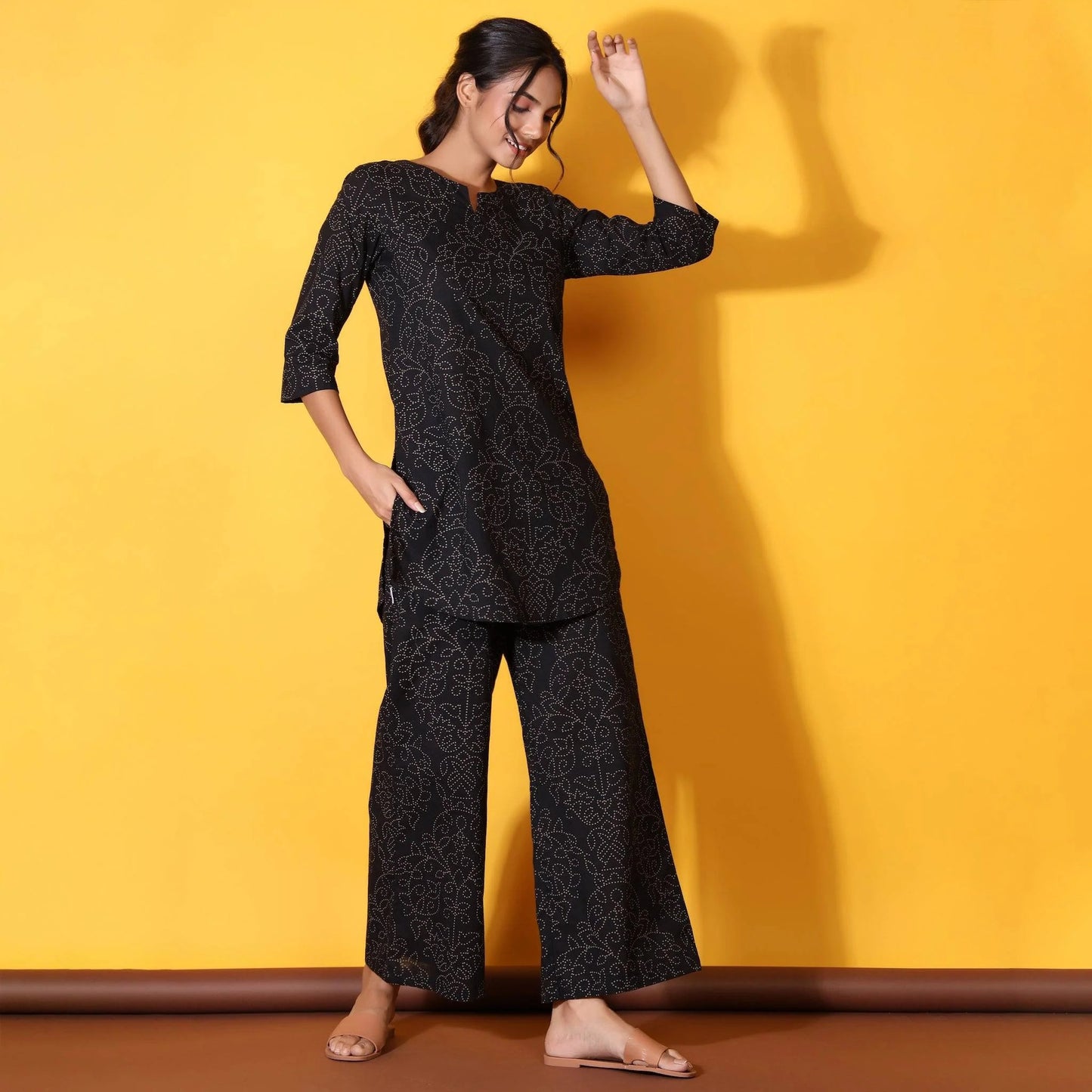 Floral Bandhani Motifs on Black Cotton Loungewear Top Set