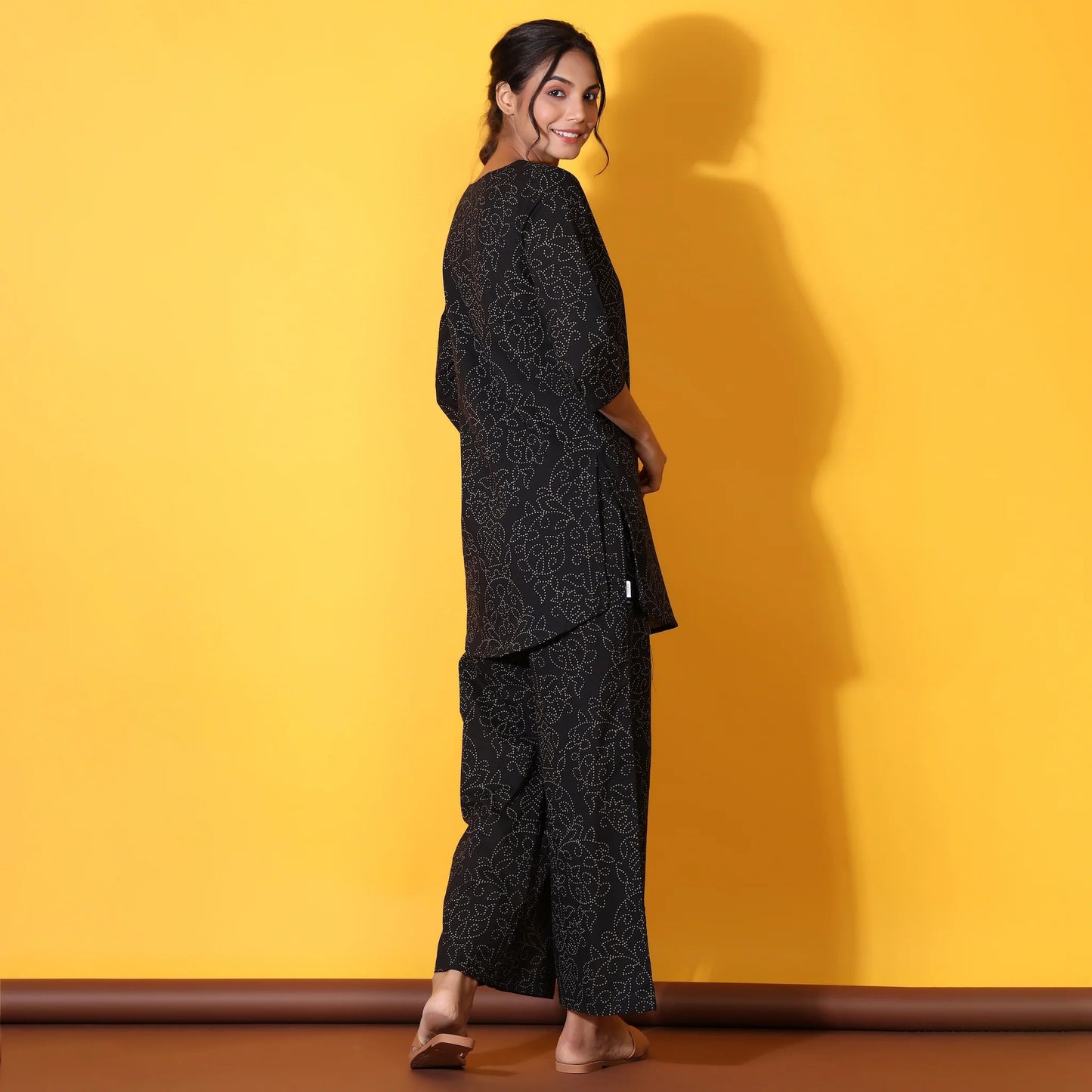 Floral Bandhani Motifs on Black Cotton Loungewear Top Set