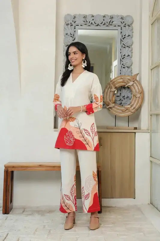 Leafs Printed Off-White Cotton Flex Co-ord Set