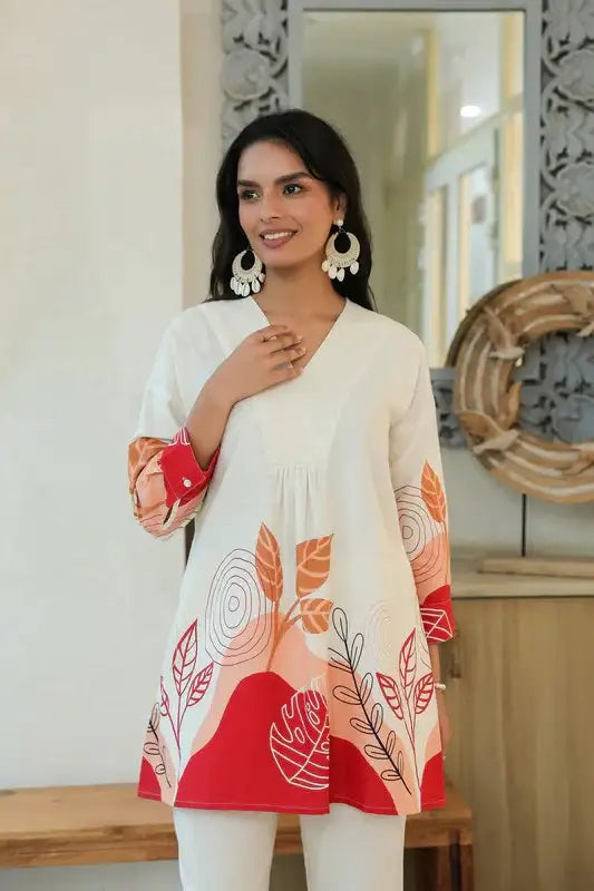 Leafs Printed Off-White Cotton Flex Co-ord Set