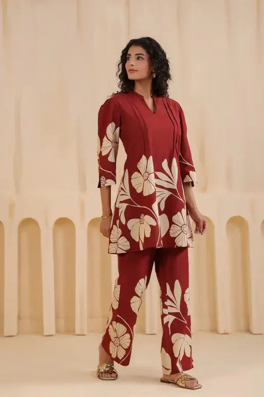 Brown Flora Printed Cotton Co-ord Set
