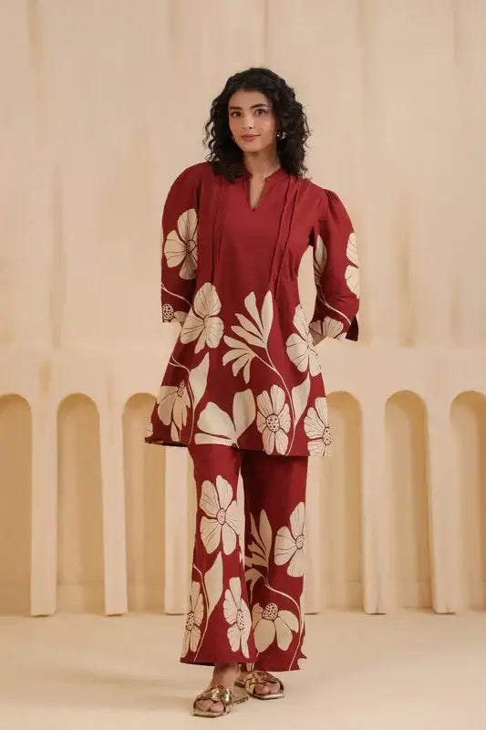 Brown Flora Printed Cotton Co-ord Set