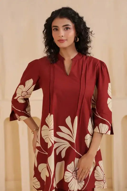 Brown Flora Printed Cotton Co-ord Set
