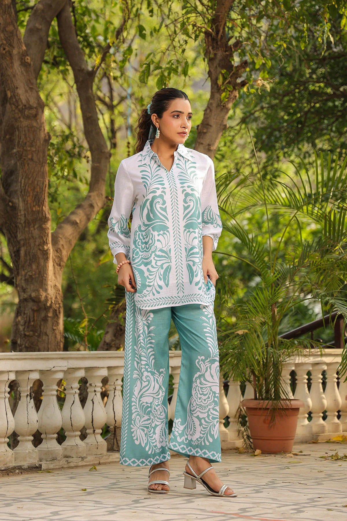 Green Linen Printed Co-Ord Set