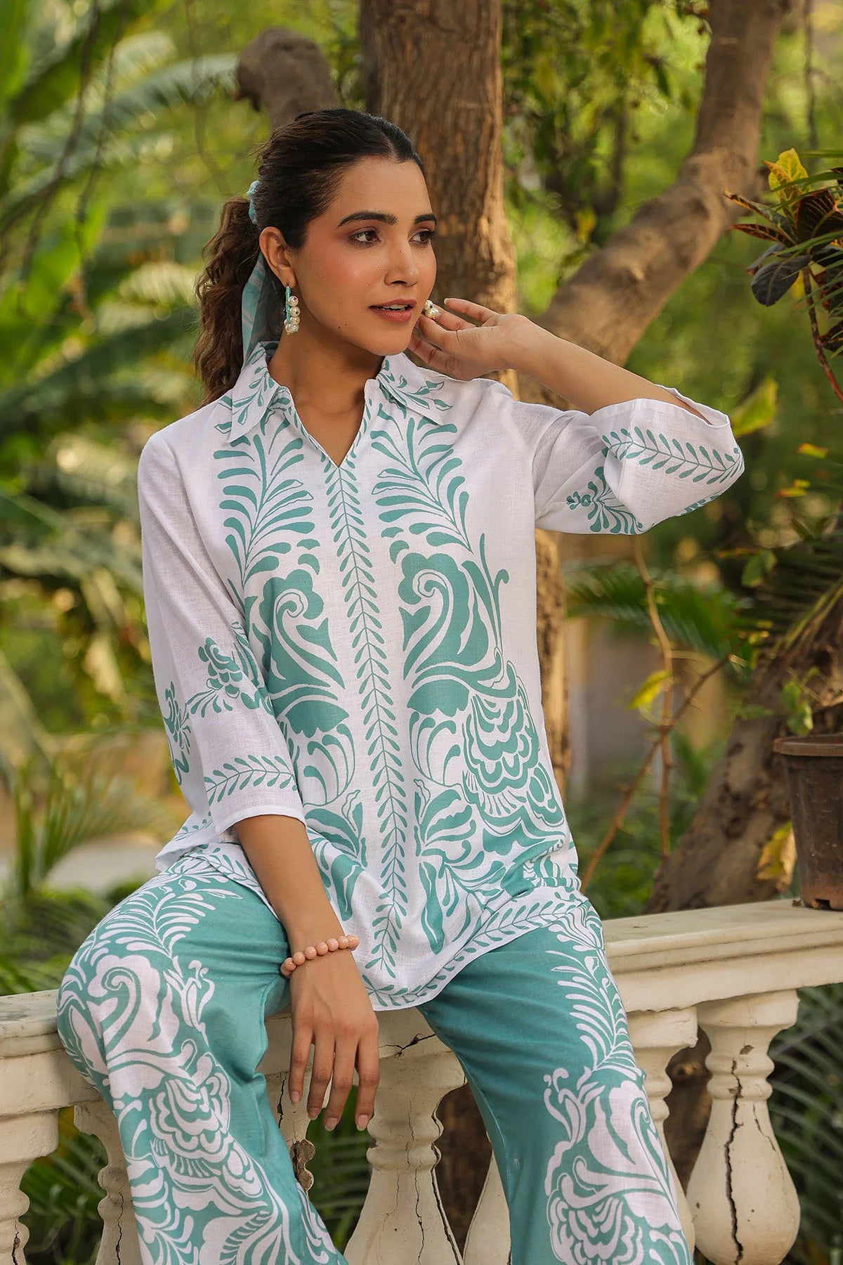 Green Linen Printed Co-Ord Set