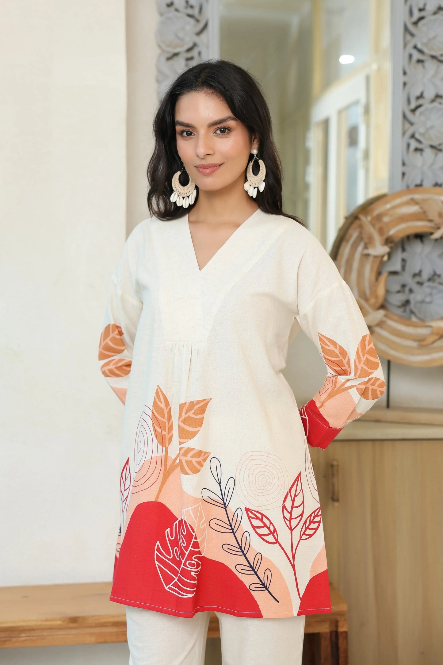 Leafs Printed Off-White Cotton Flex Co-ord Set