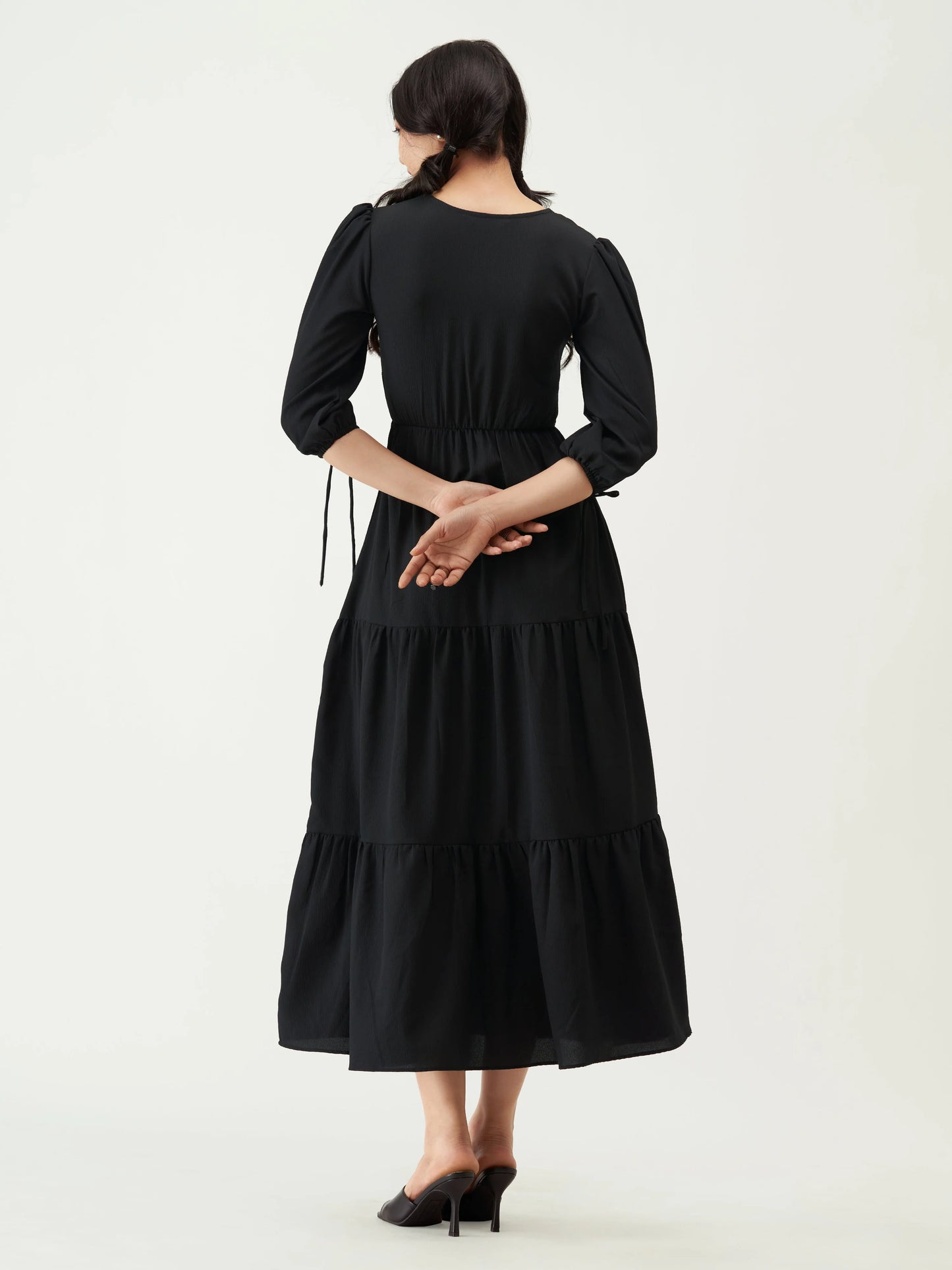 Puff Sleeves Tie-Up Detail Tiered Maxi A-Line Dress