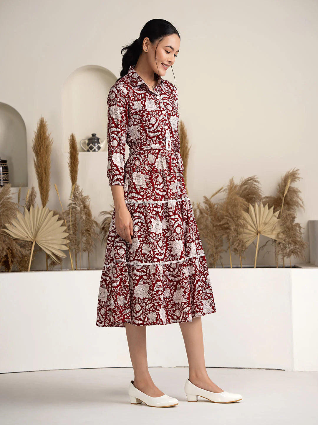 Women's Black Crush Crepe Printed Fit and Flare Western Dress