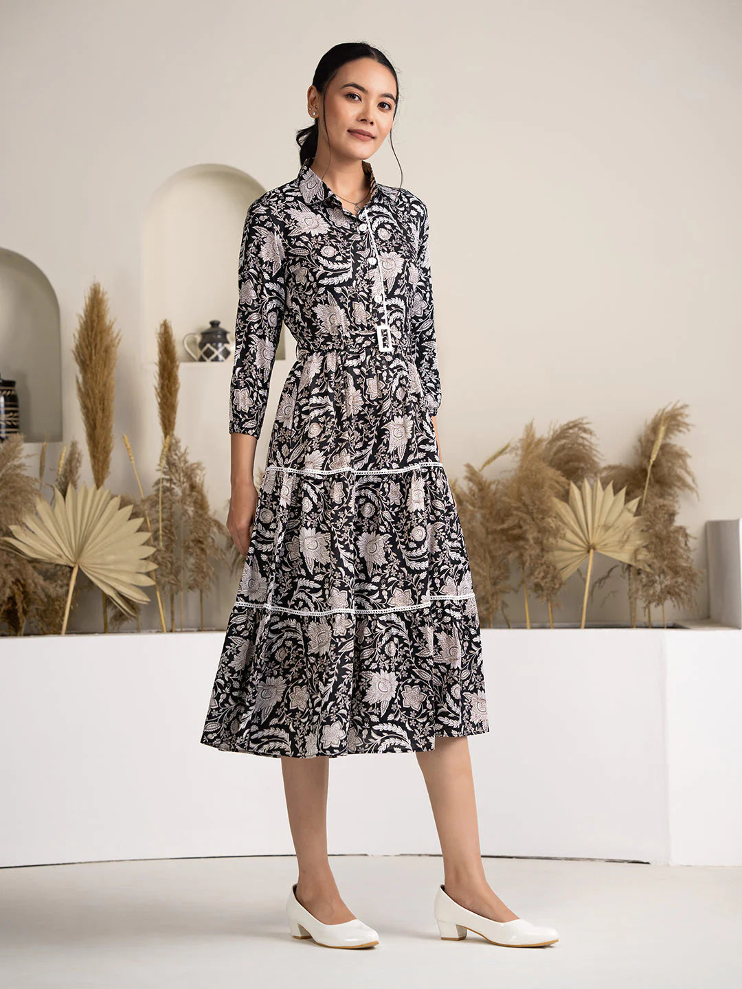 Women's Black Crush Crepe Printed Fit and Flare Western Dress
