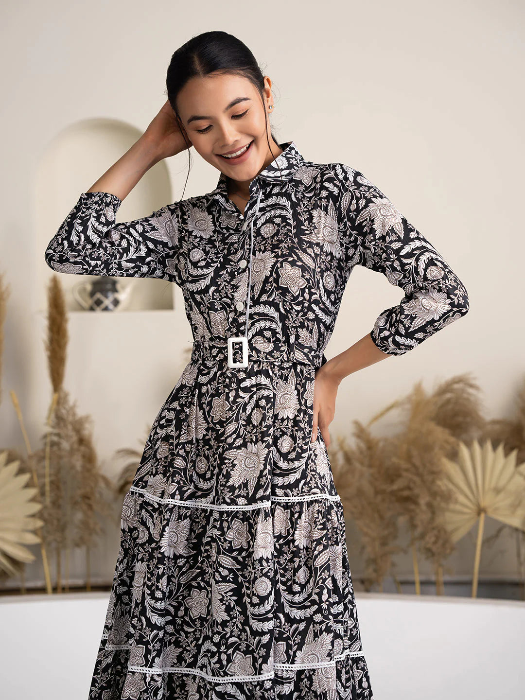 Women's Black Crush Crepe Printed Fit and Flare Western Dress