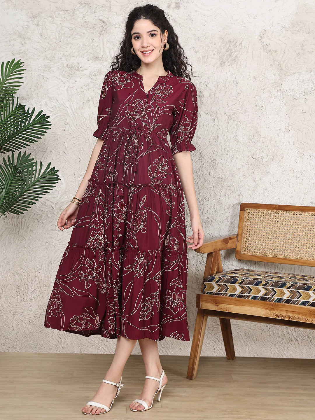 Maroon Colour Floral Printed Premium Cotton Dress For Women