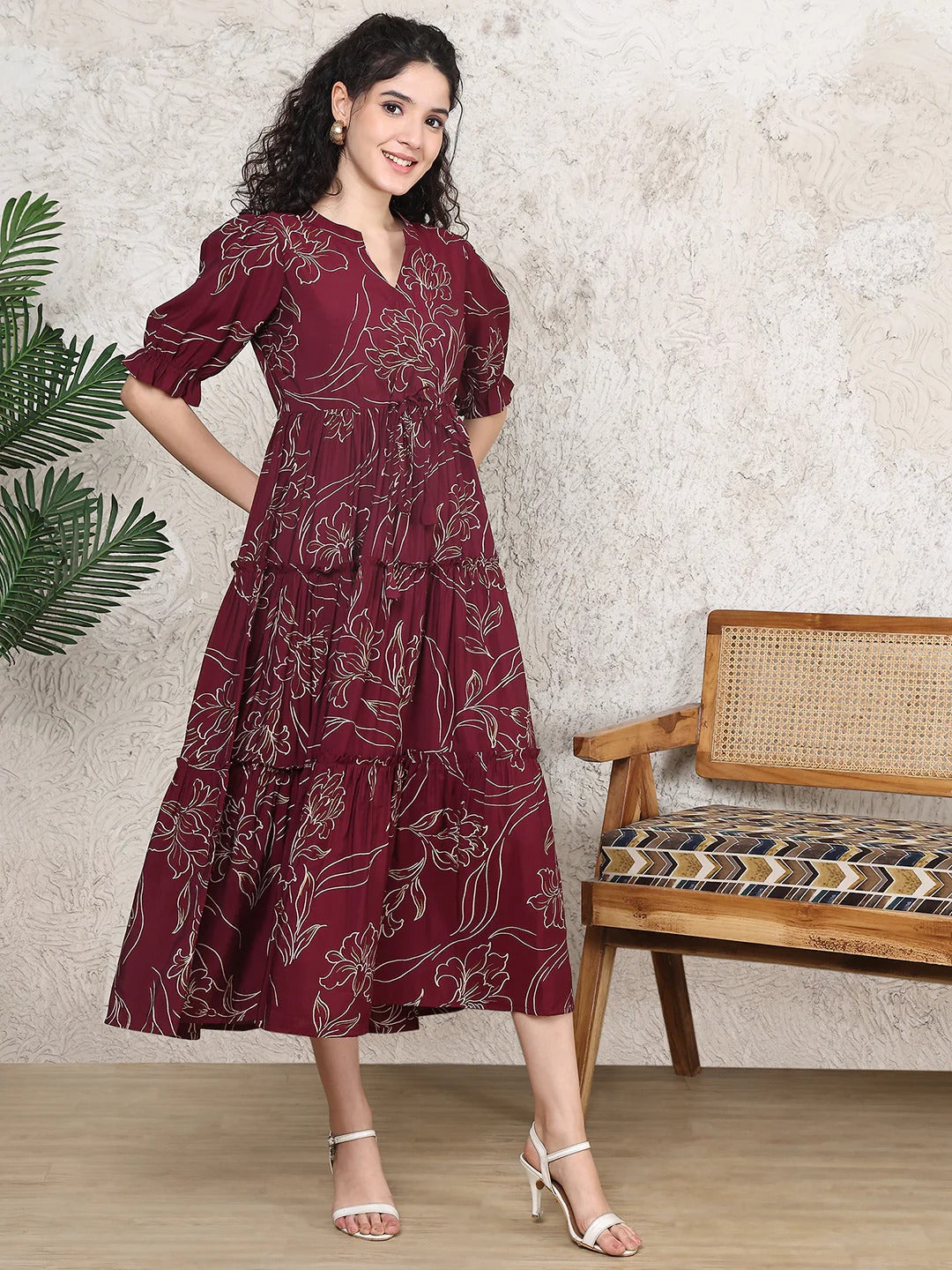 Maroon Colour Floral Printed Premium Cotton Dress For Women