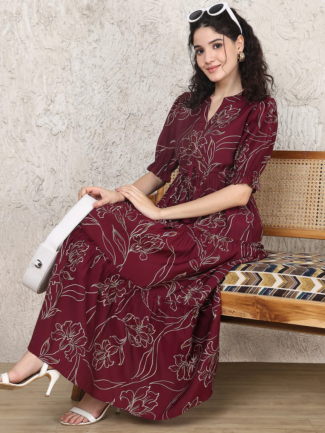 Maroon Colour Floral Printed Premium Cotton Dress For Women