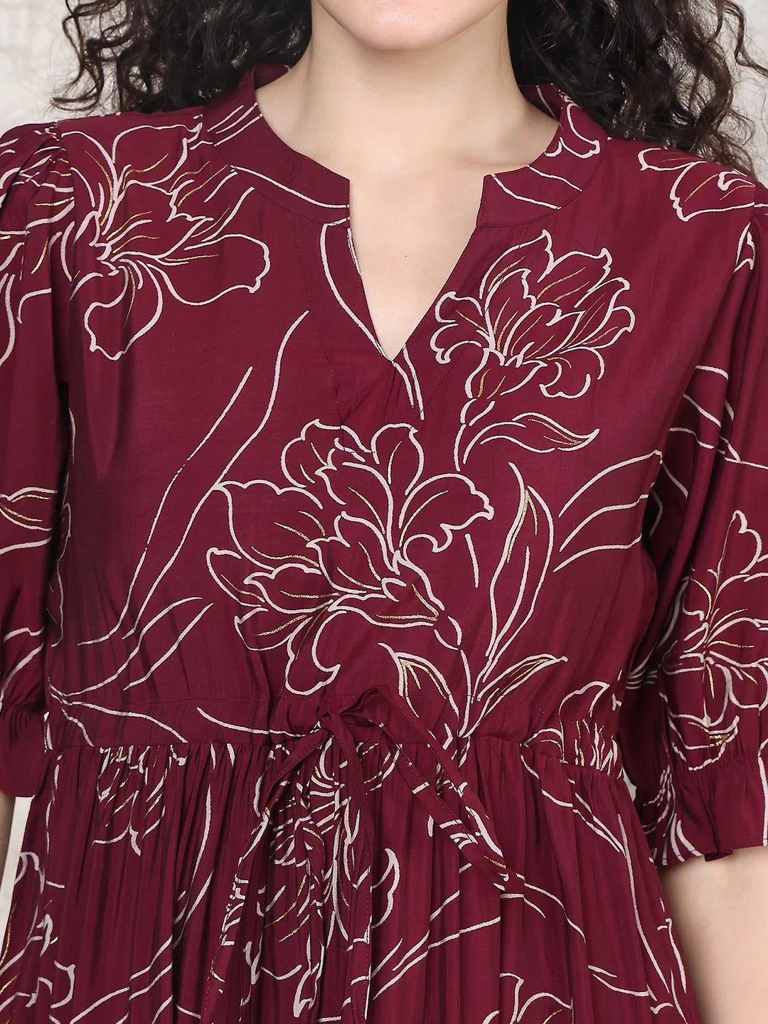 Maroon Colour Floral Printed Premium Cotton Dress For Women