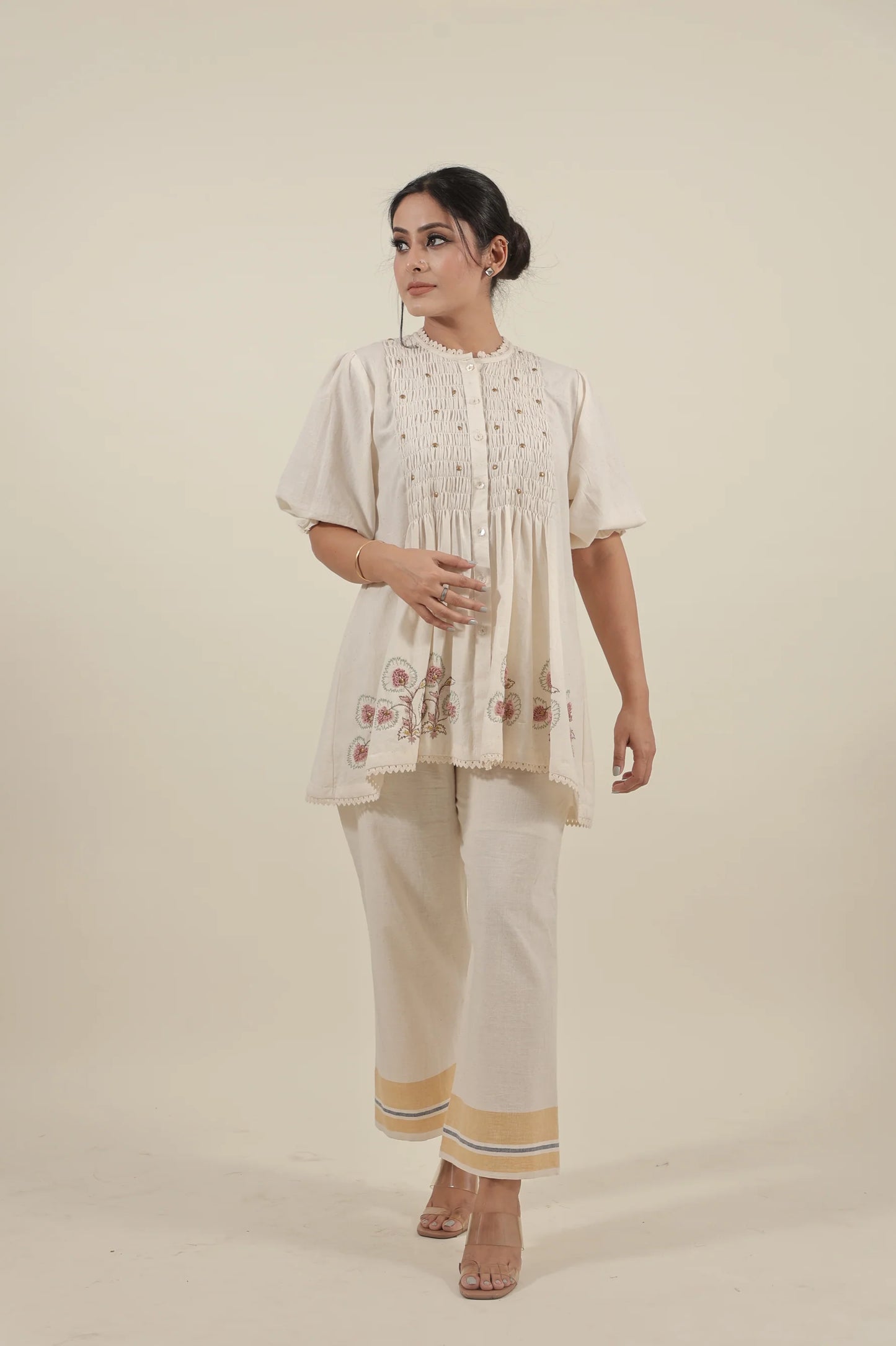 Ivory Hand embroidered with smocking short kurta set