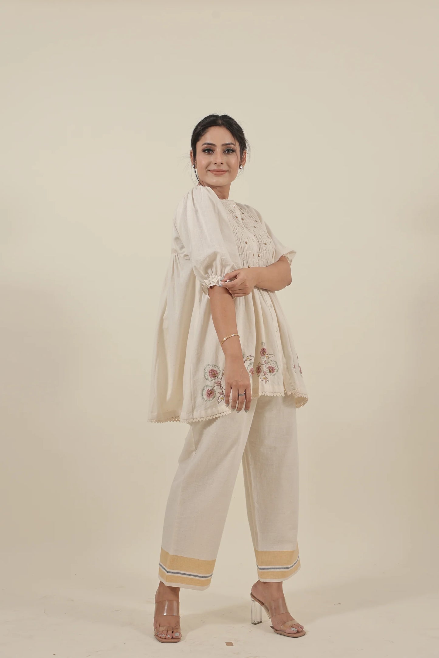 Ivory Hand embroidered with smocking short kurta set