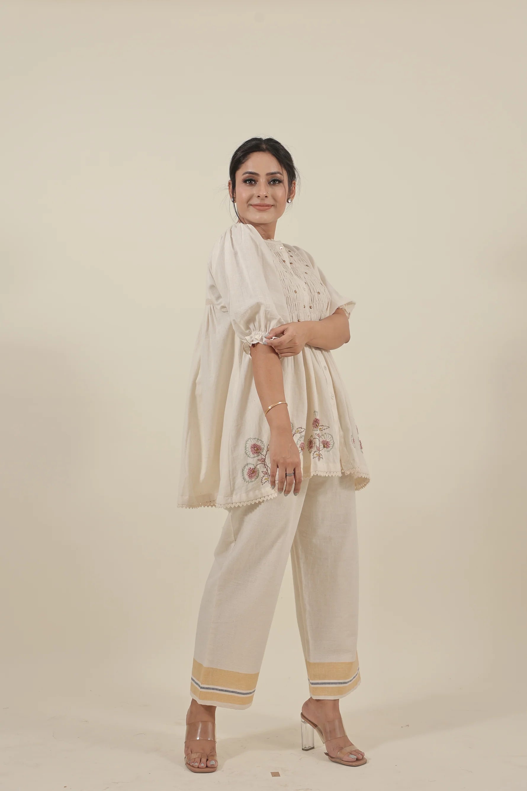 Ivory Hand embroidered with smocking short kurta set
