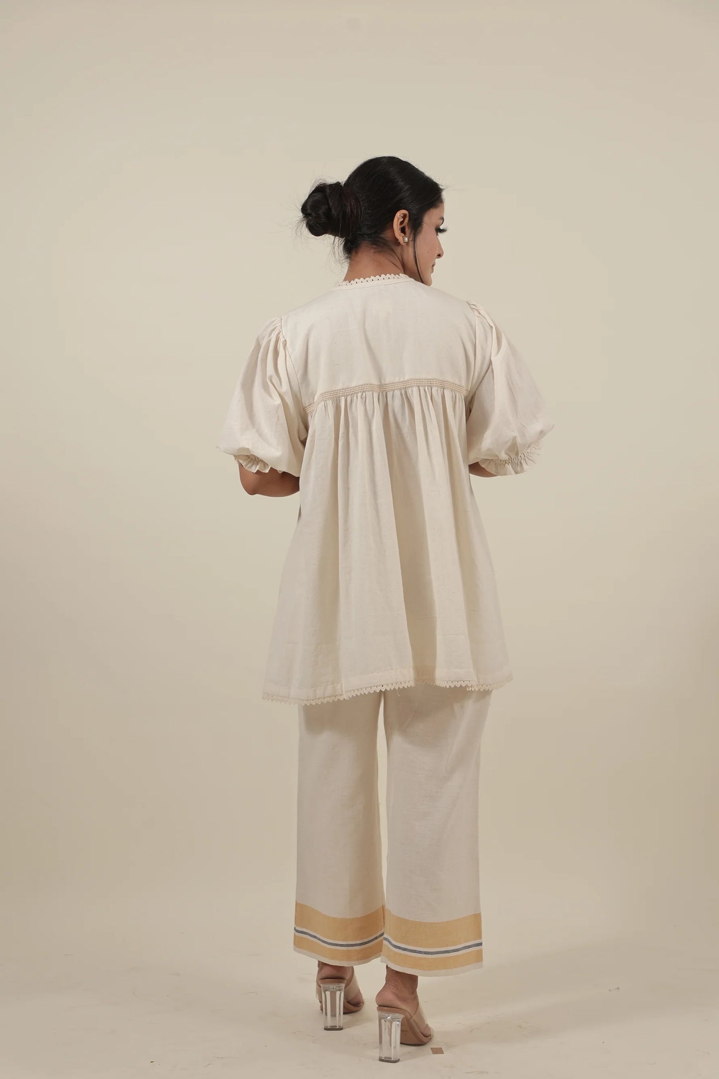 Ivory Hand embroidered with smocking short kurta set