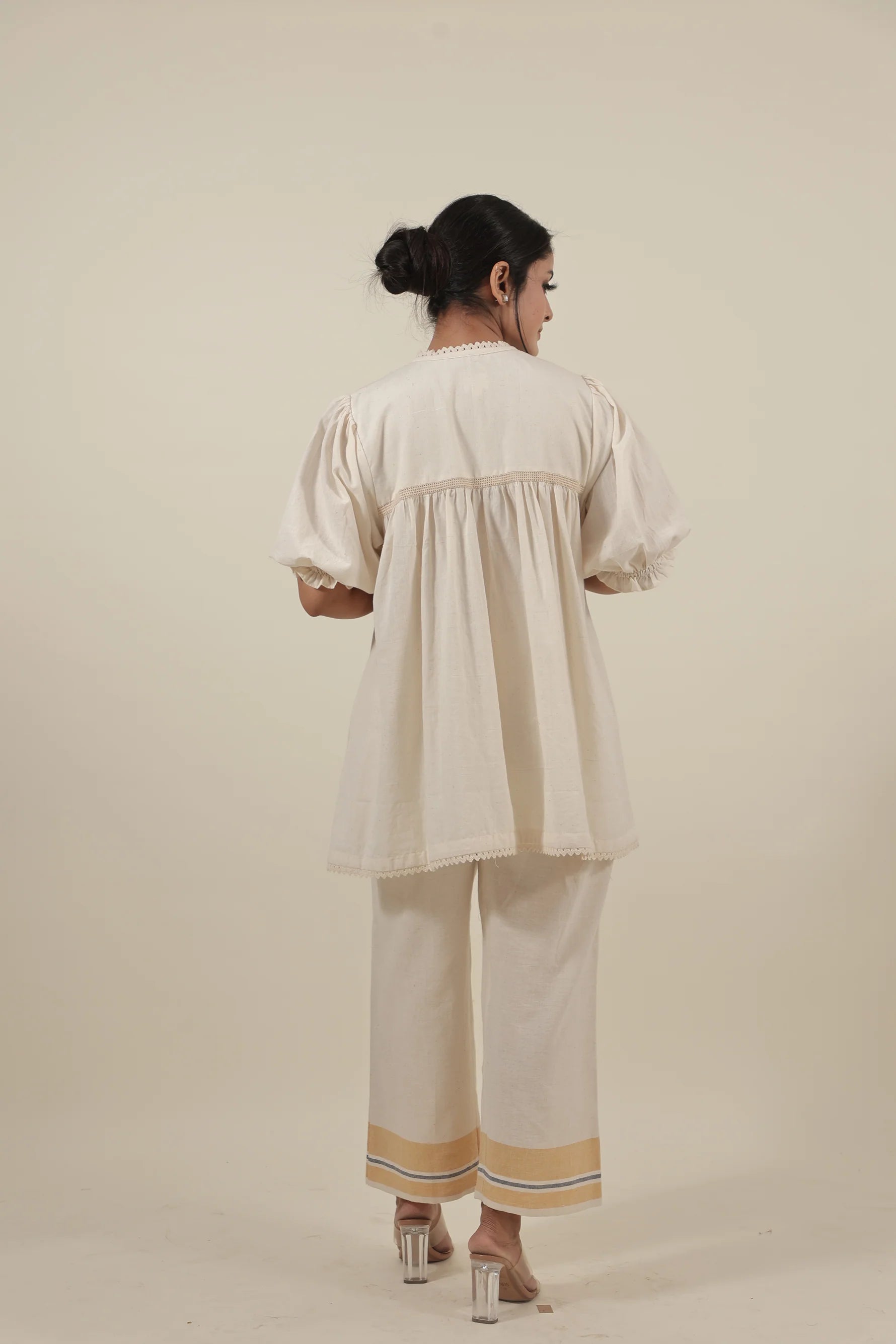 Ivory Hand embroidered with smocking short kurta set