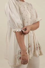 Ivory Hand embroidered with smocking short kurta set