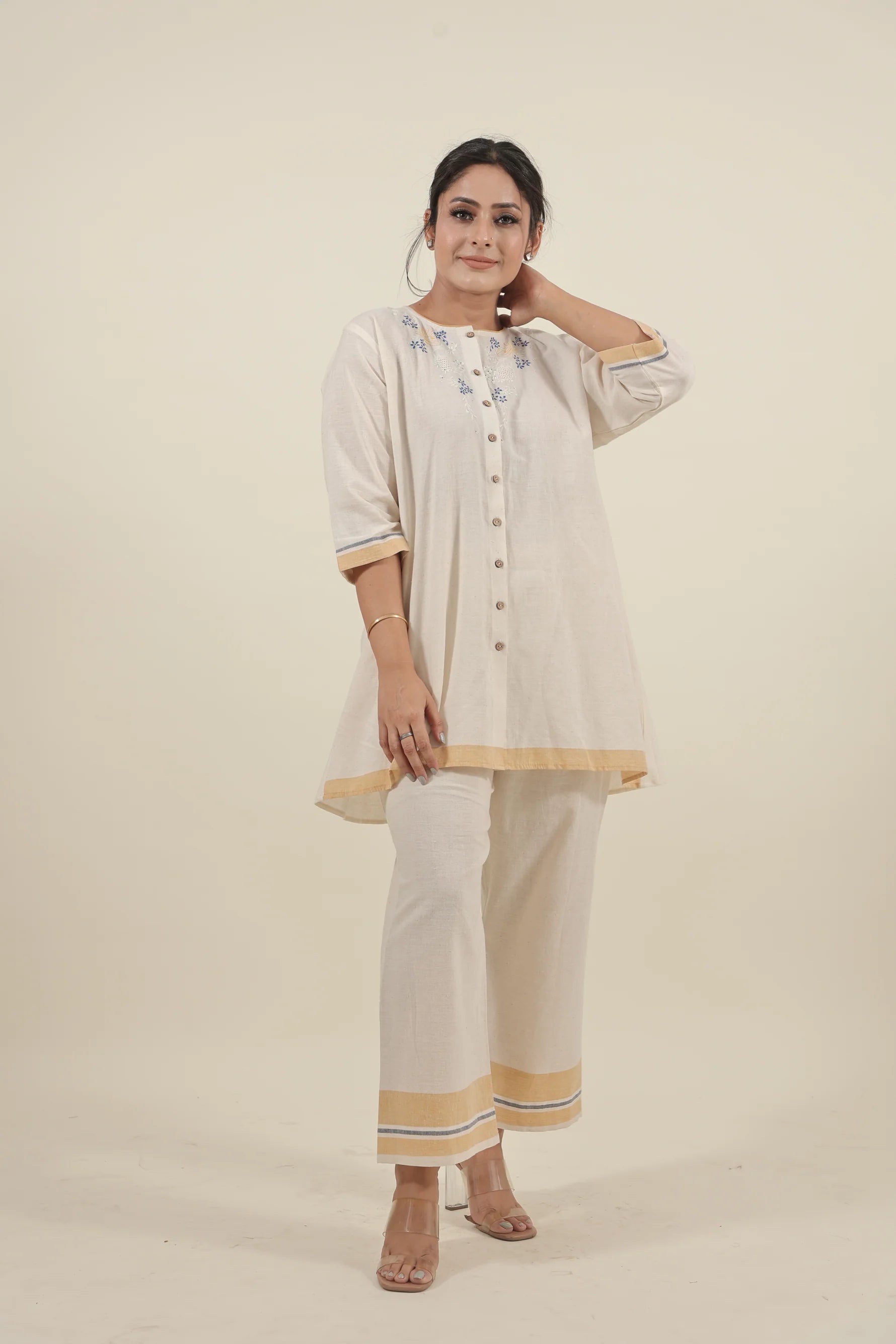 Ivory Chikankari with blue flowers kurta set