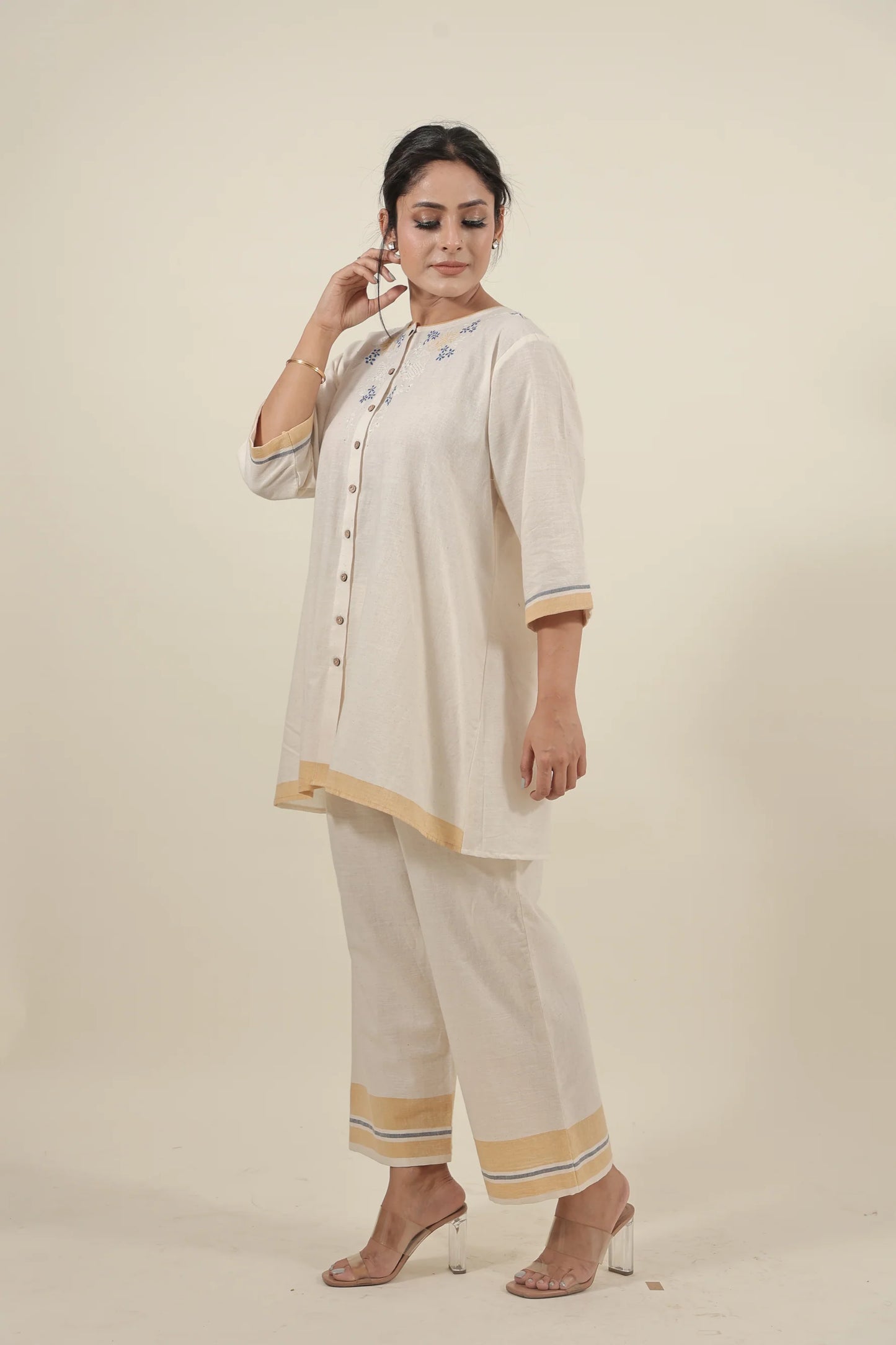 Ivory Chikankari with blue flowers kurta set