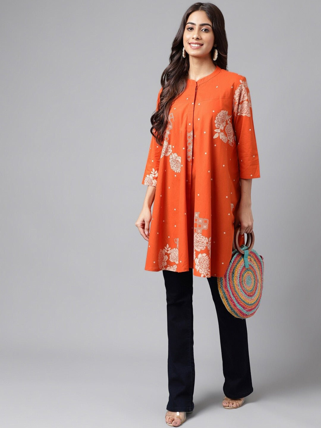 Women's Orange Pure Cotton Floral Printed Flared Tunic