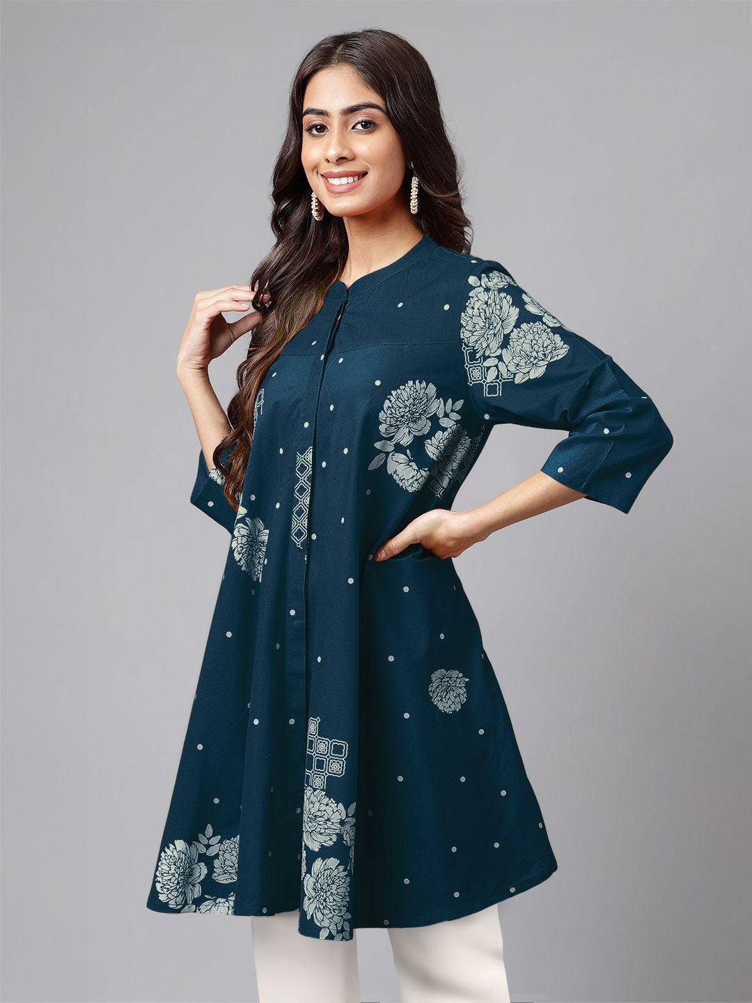 Women's Teal Blue Pure Cotton Floral Printed Flared Tunic