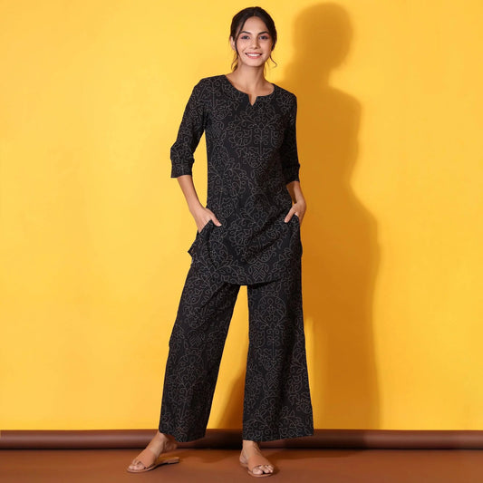 Floral Bandhani Motifs on Black Cotton Loungewear Top Set