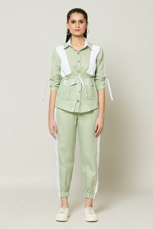 Green Cotton Collared Contrast Pannel Shirt With Pant
