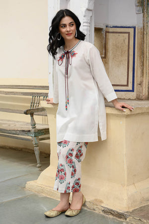 White Cotton Beads, Cut Work, Embroidery Keyhole Neck Kurta And Pant Set