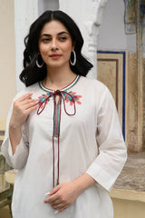 White Cotton Beads, Cut Work, Embroidery Keyhole Neck Kurta And Pant Set