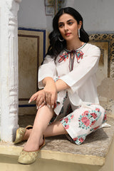 White Cotton Beads, Cut Work, Embroidery Keyhole Neck Kurta And Pant Set