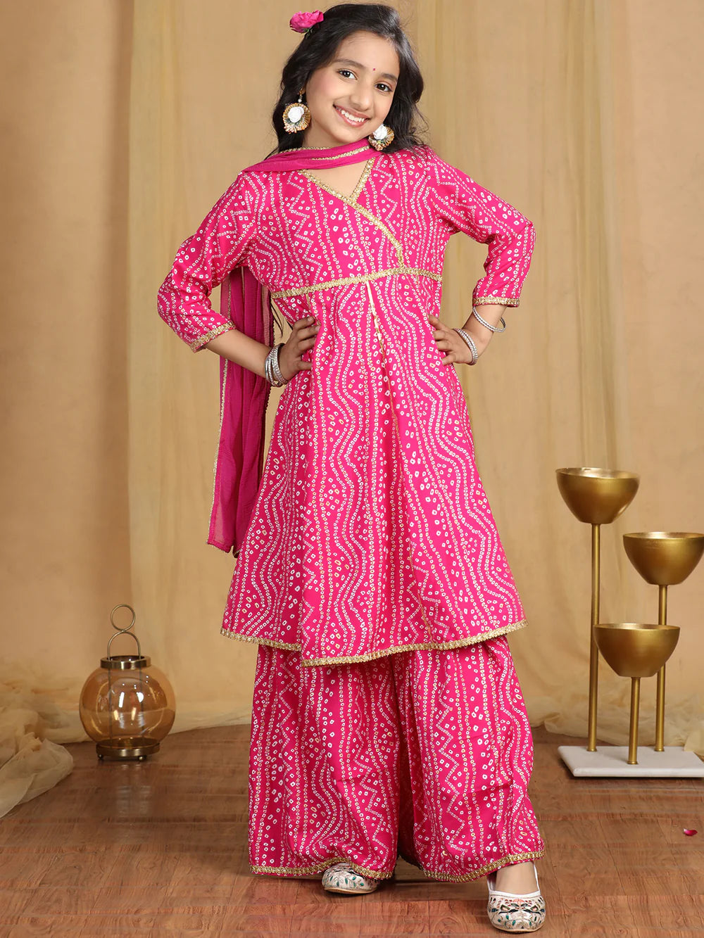 Cutiekins Girls Bandhani Print Angrakha Kurta and Sharara with Dupatta -Magenta & Off White