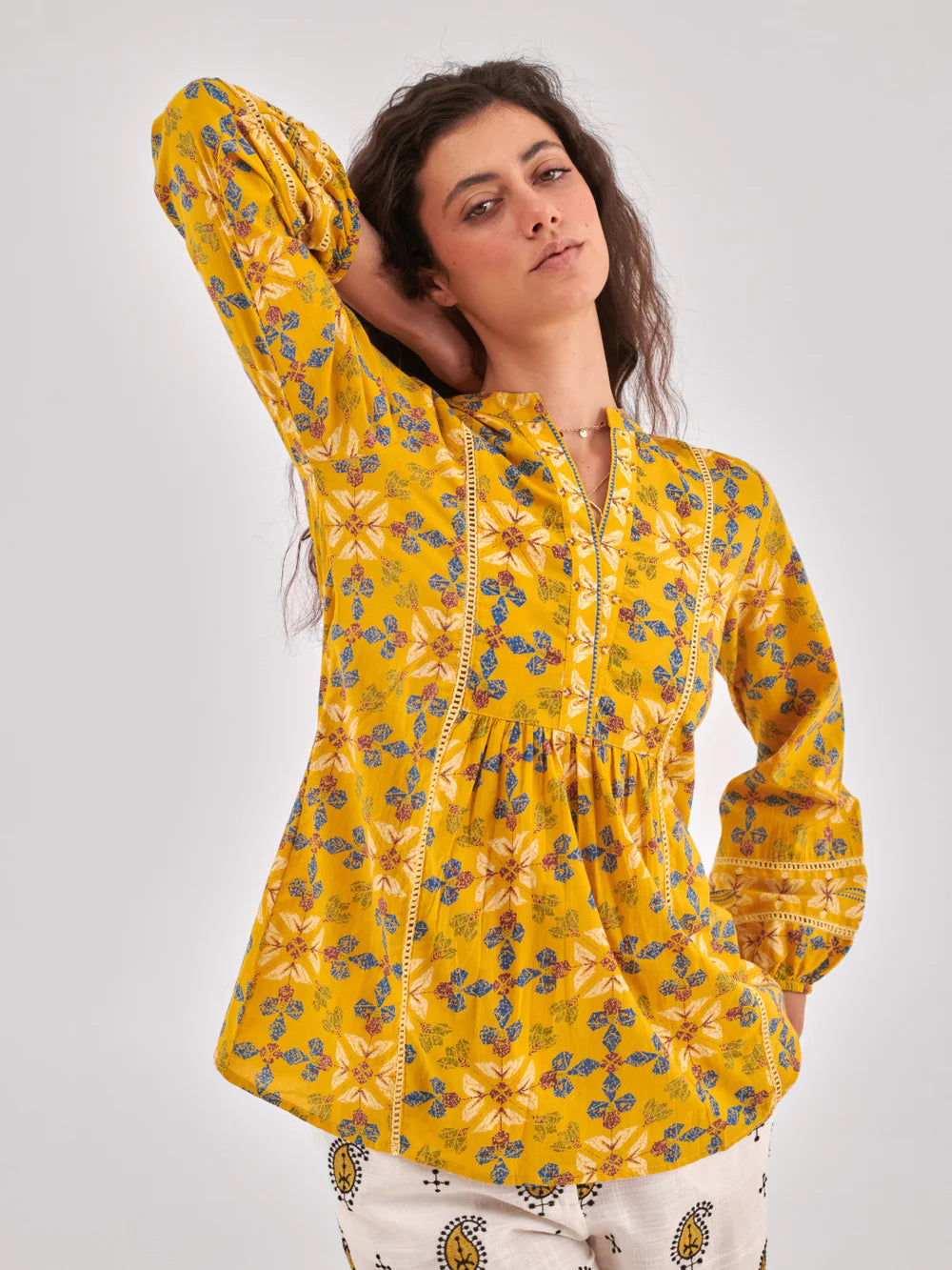 Mustard Floral Print Lace Insert cotton Top