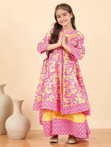 Girls Full Length Printed Kurti Set - Pink