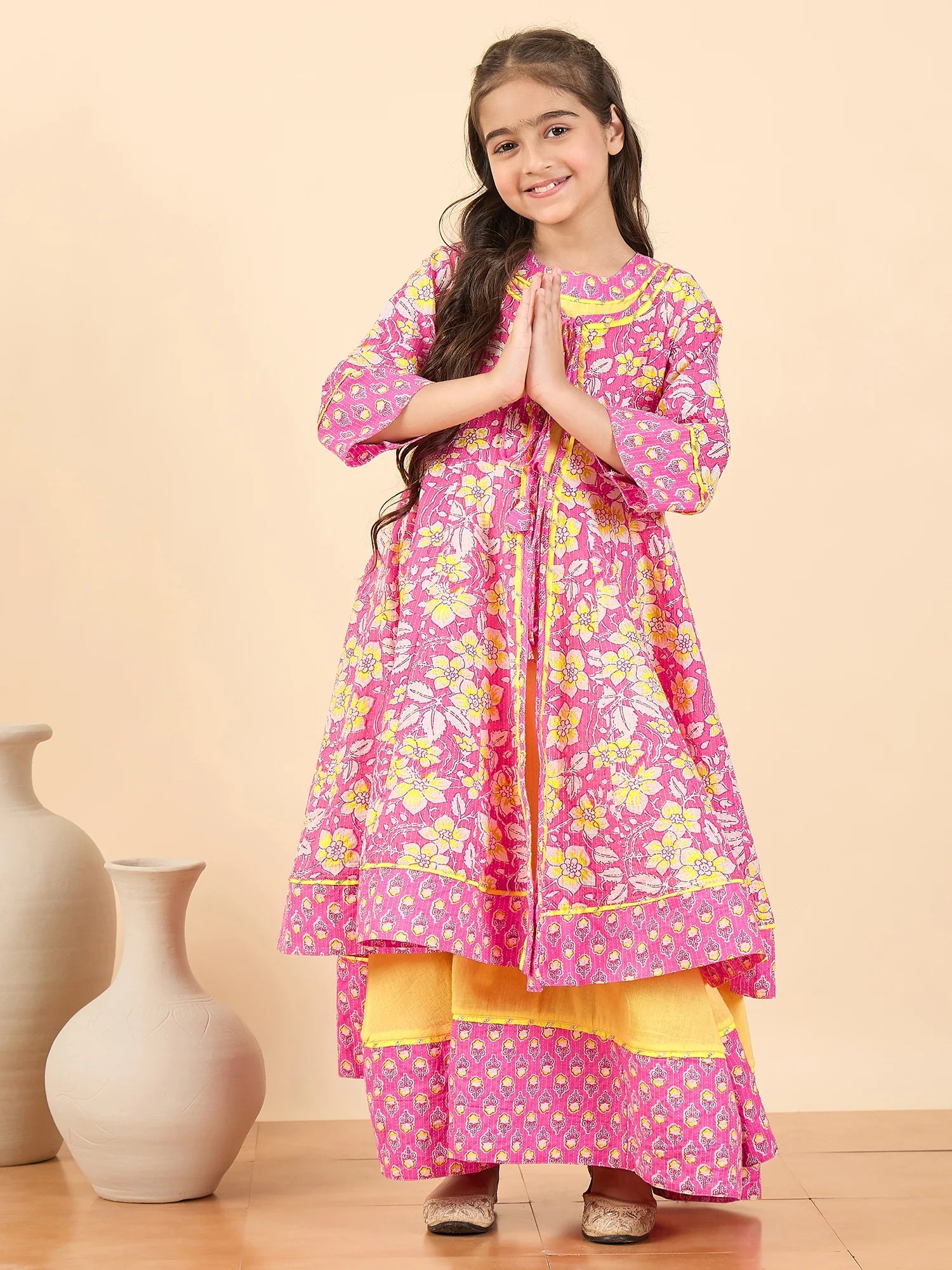 Girls Full Length Printed Kurti Set - Pink