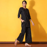 Floral Bandhani Motifs on Black Cotton Loungewear Top Set