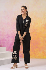 Black Palm Embroidered Cotton Co-ord Set