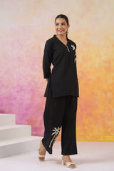 Black Palm Embroidered Cotton Co-ord Set